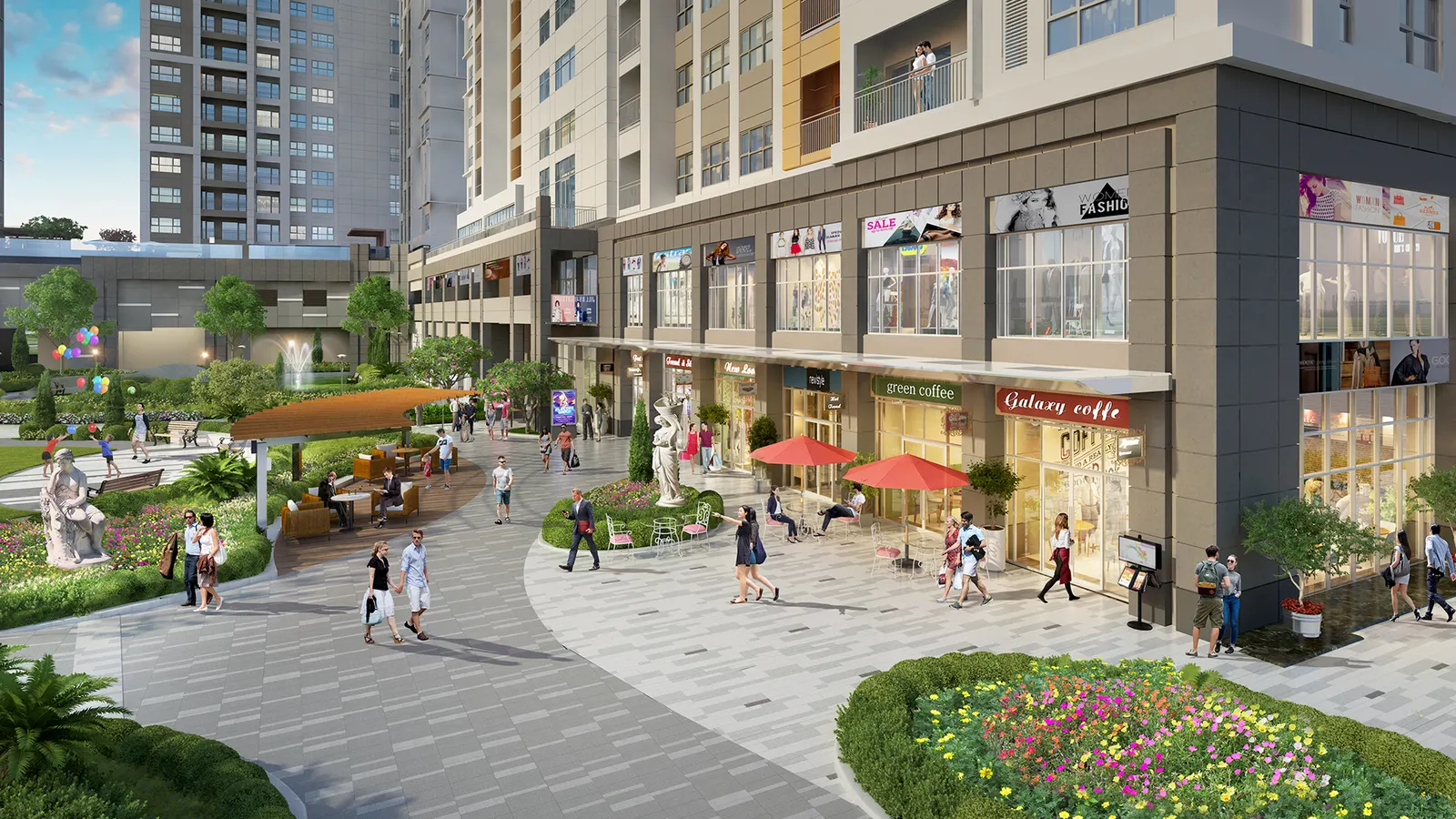 Phối cảnh phố shophouse nhìn ra sân vườn