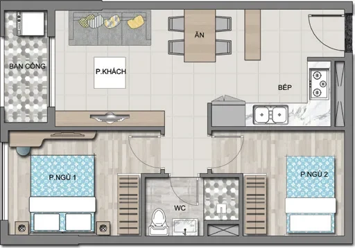 Bản vẽ căn 1+1 phòng ngủ 48,5 m²