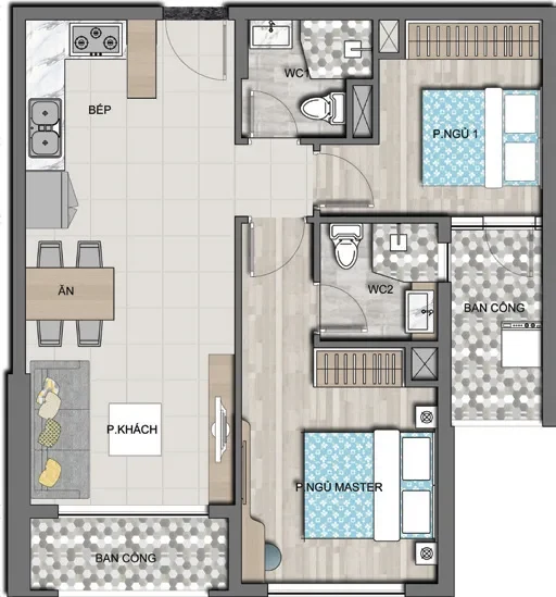 Bản vẽ căn 2 phòng ngủ 61,4 m²
