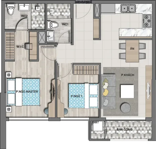 Bản vẽ căn 2 phòng ngủ 64,5 m²