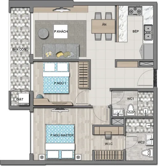 Bản vẽ căn 2 phòng ngủ 66,9 m²