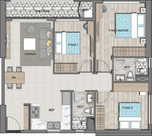 Bản vẽ căn 3 phòng ngủ 82,2 m²