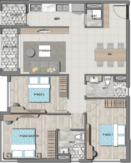 Bản vẽ căn góc 3 phòng ngủ 89,04 m²