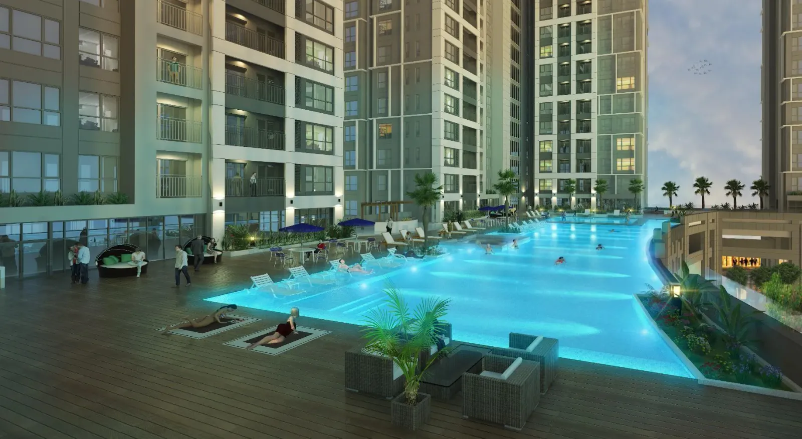 Phối cảnh hồ bơi tràn Victoria Village về đêm