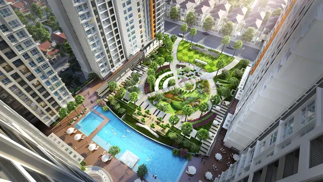 Phối cảnh hồ bơi và công viên nhìn từ trên cao