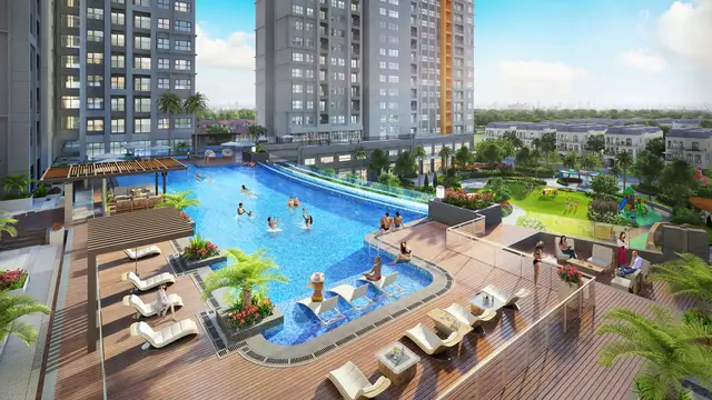 Phối cảnh sàn nắng bên hồ bơi